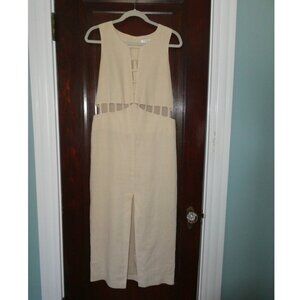 Vintage 100% Linen Cutout Midi Dress | Beige | Size X Small